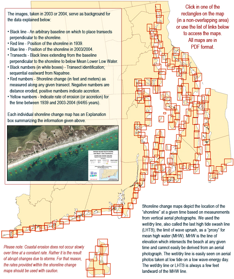 Shoreline change index map which allows users to locate a section of shoreline on the map and click on it to link to a PDF map of that section.