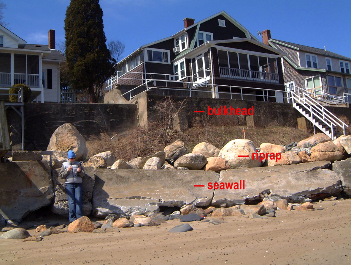 Shoreline protection structures in Rhode Island: a seawall, a riprap revetment, and a bulkhead
