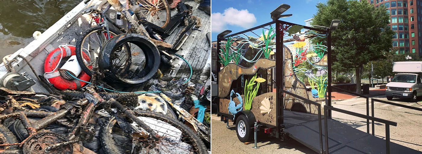 Pile of trah on left, trash trailer on right
