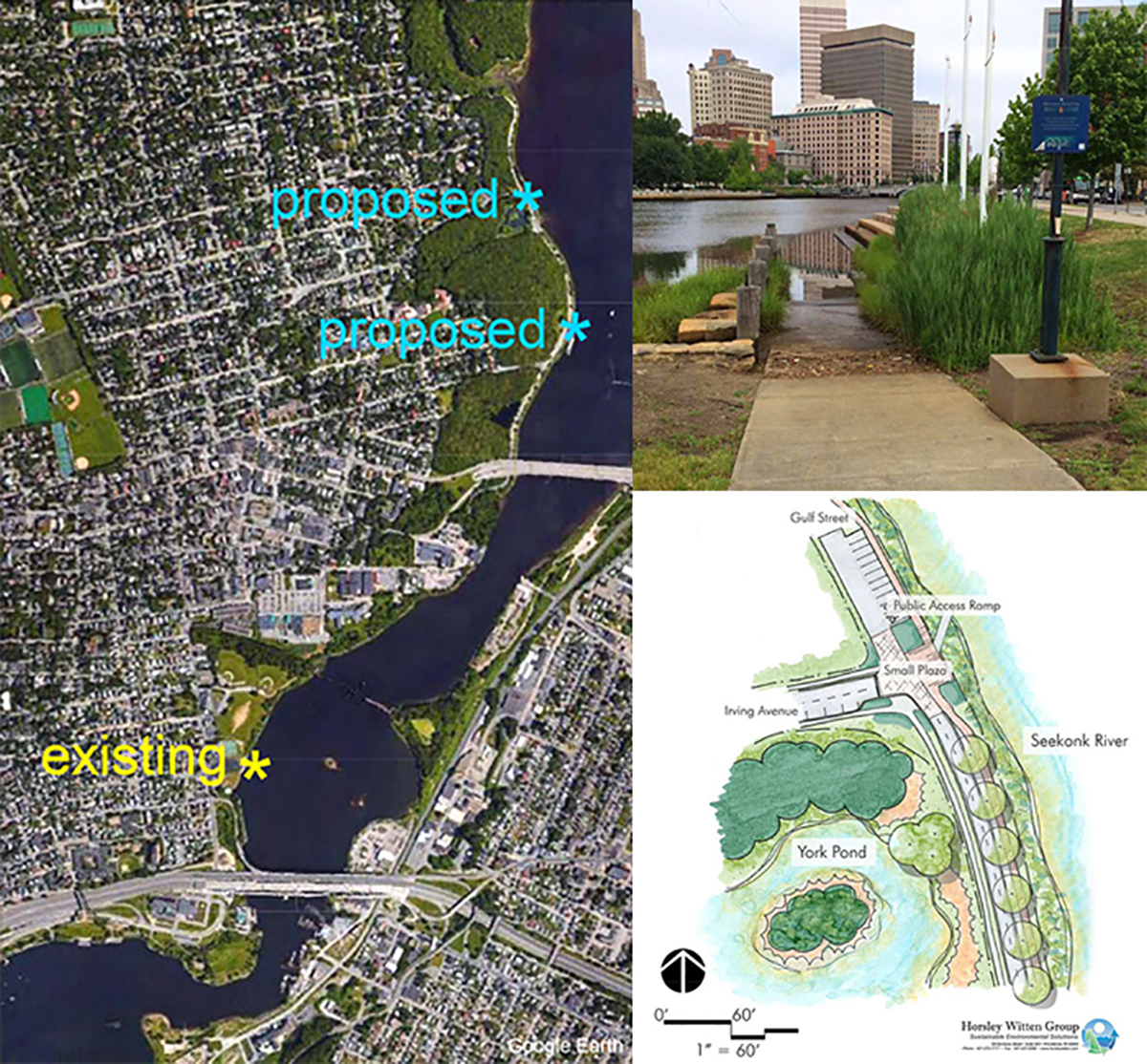 Location of the existing Gano Street Park boat ramp as well as the location of the various proposed improvements to the area at the Narragansett Boat Club and farther north