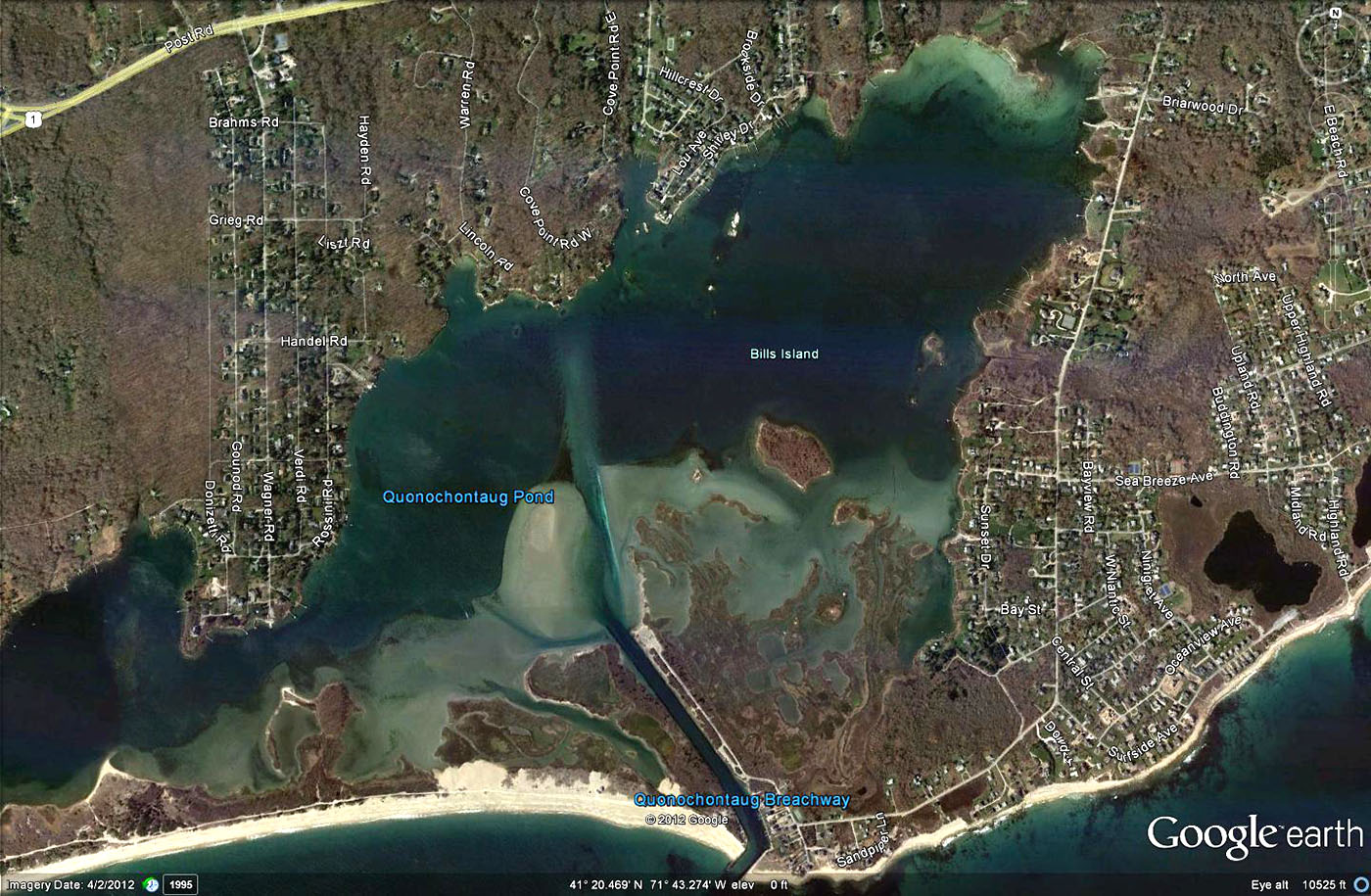 An aerial photo taken of the Ninigret salt marsh immediately after the elevation enhancement work was completed